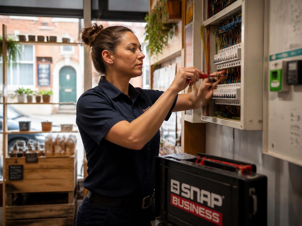 A professional electrician working on a commercial fuse board in a small UK business.