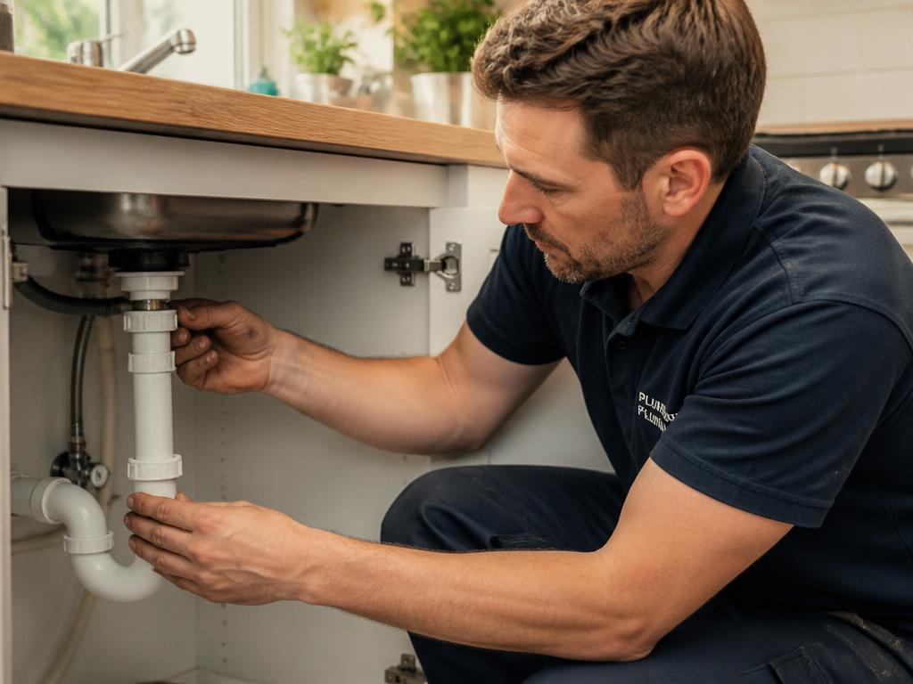 A professional plumber fixing a sink pipe under a kitchen cabinet in a small UK business.